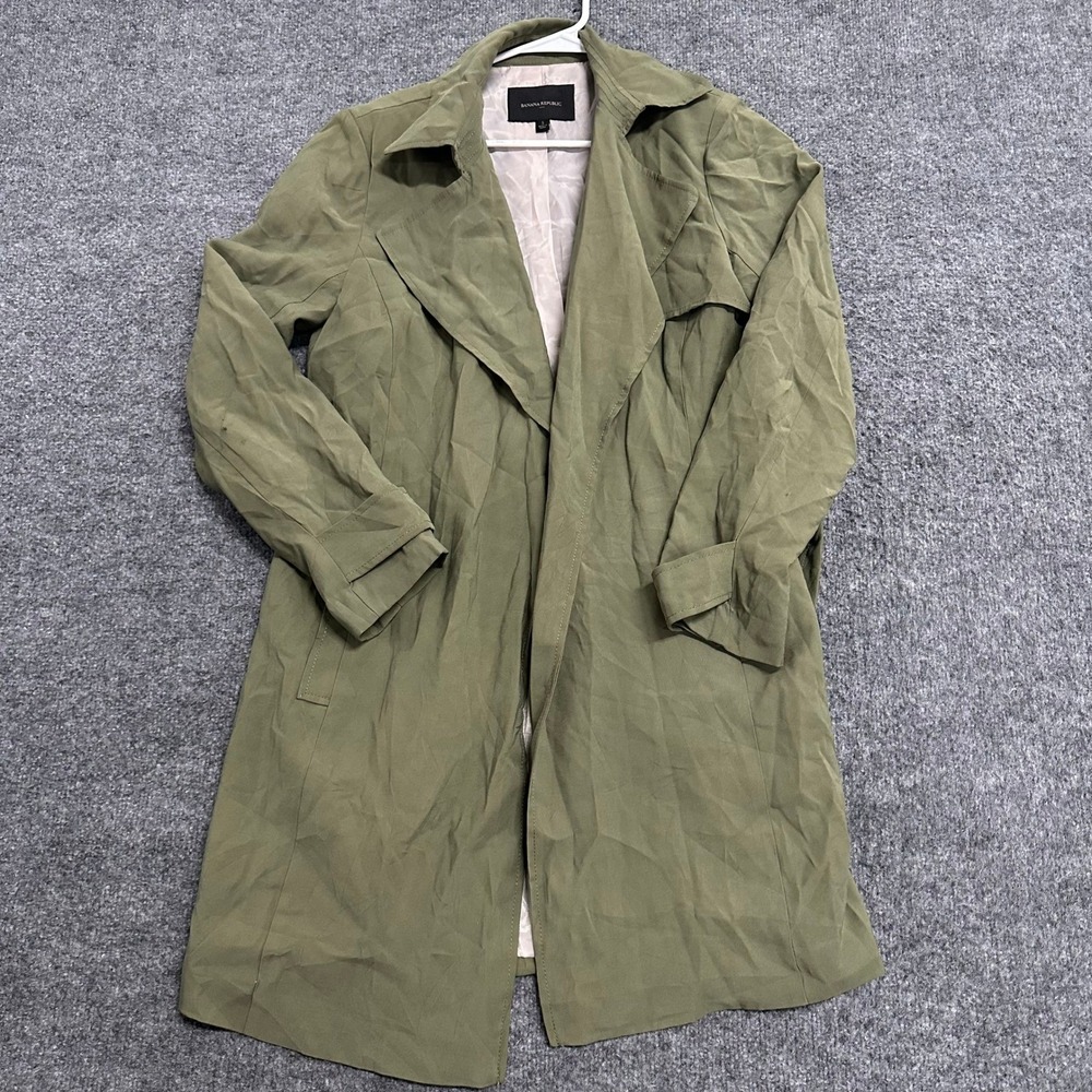 Banana Republic Trench Coat Womens Size S Olive Green Viscose Belted Lightweight